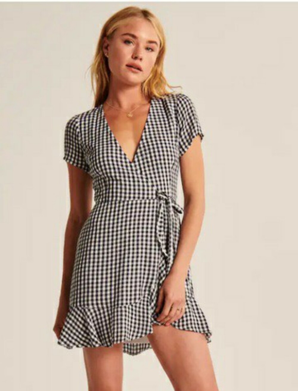 Abercrombie & Fitch Black White Gingham Plaid Dress Short Sleeve Wrap - Size L